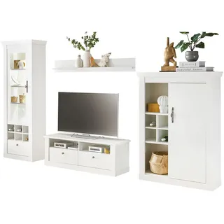 furn.design Wohnwand weiß Pinie Landhaus, Wohnkombination 4-teilig, Soft-Close und LED - Weiß