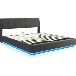[en.casa] Led Polsterbett Tröstiar mit Bettkasten Leinen 180 x 200 cm Schwarz - Schwarz