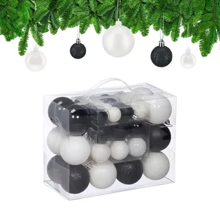 Relaxdays Weihnachtskugeln Set, Weihnachtsdeko, matt, glänzend, glitzernd, Christbaumkugeln ∅ 3, 4 & 6 cm, schwarz/weiß