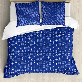 ABAKUHAUS Leuchtturm Bettbezug, Maritime Silhouetten, Milbensicher Allergiker geeignet mit Kissenbezügen, 155 cm x 220 cm - 80 x 80 cm, Violett Blau Weiß - Weiß