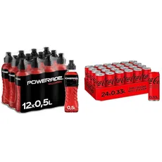 Powerade Sports Wild Cherry & Coca-Cola Zero Sugar - koffeinhaltiges Erfrischungsgetränk mit originalem Coca-Cola Geschmack - null Zucker und ohne Kalorien - in stylischen Dosen (24 x 330 ml)