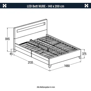 Home Deluxe - LED Bett NUBE - Schwarz, 140 x 200 cm - inkl. Matratze, Lattenrost und Schubladen I Polsterbett Design Bett inkl. Beleuchtung - Schwarz