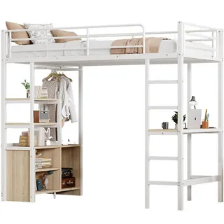 Redom Hochbett 90/200 cm mit Schreibtisch, Steckdose, Usb, Regalen und offenem Schrank aus Metall und Mdf, Weiß , 90x200 cm , Babymöbel & Kindermöbel, Kinderzimmer & Jugendzimmer, Kinderbetten, Hochbetten