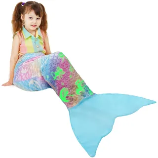 Catalonia Classy Glow in the Dark Meerjungfrauen schwanz Decke, weicher warmer Plüsch Fleece Schlafsack Kuscheldecke, Meerjungfrau geschenk für Mädchen,155 x 50 cm Fischschuppenmuster, Blau Einhorn