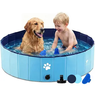 Dazhtu Hundepool faltbar, 100X30cm Planschbecken für Hunde, Hundebadewanne mit Ablaufloch, Tragbare Rutschfestes Hundeplanschbecken, Swimmingpool Verdickt PVC für Große Kleine Hunde, blau