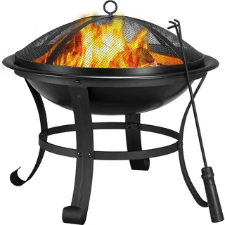 Gartenkamin mit Funkenschutz und Schürhaken, 54 x 49,5 cm (DxH), vierbeinige Feuerschale für Ihre Terrasse, formstabil, schwarz, hitzebeständige Beschichtung