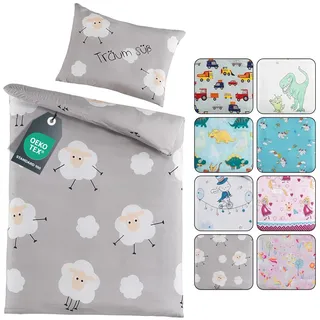 BaSaTex Kinder Baby Bettwäsche Set für Mädchen und Jungen | 100x135 cm + 40x60 cm | 100% Polyester Mikrofaser | Reißverschluss | Süße Träume - Schafe und Wolken | grau/weiß