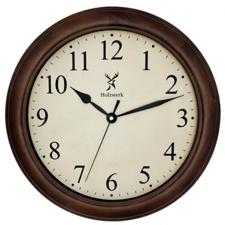 Holzwerk Natur Vintage Retro Holz Wanduhr Holz-Uhr laufleises Uhrwerk ohne Tickgeräusche Braun nahezu lautlos aus handgefertigtem Massivholz Natur 14 Zoll 35cm (HWN.Braun)