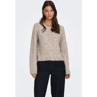 Strickjacke ONLY "ONLMIGGIE LS O-NECK PEARL CARDIGA EX KNT", Damen, Gr. XS, malt ball detail:melange, fmop, Strick, Obermaterial: 70% Polyester, 15% Nylon, 8% Polyacryl, 5% Wolle, 2% Elasthan, meliert, regular fit normal, Rundhals, Strickjacken Strickjacke, Materialmix, regular fit