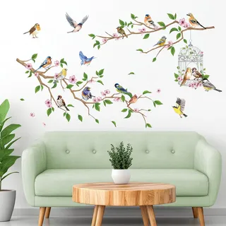 fufuquare Garten Thema Wandtattoos, Vögel auf Zweigen mit Blumen Vogelkäfig Wandbild, Abnehmbare DIY Selbstklebende Wandaufkleber für Wohnzimmer, Schlafzimmer, Büro