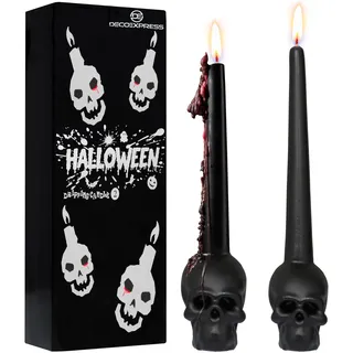 DECO EXPRESS Totenkopf Kerzen, 2er Set Schwarze Stabkerzen für Halloween, Gothic Deko, Unparfümiert, 12h Brenndauer, Goth, Gespenster & Hexen Zubehör (Schwarz Totenkopf)