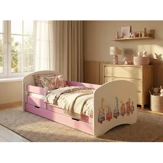 Happy Babies Kinderbett - Satz Mit Matratze & Schublade und Rausfallschutz, 70x140, Mädchen Kinderbetten & Jugendbett Jungen Kids Bed, Tiere - Rosa
