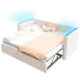 AIORBER Tagesbett 90/180×200cm, ausziehbares Schlafsofa mit LED-Lichtleiste, Samt, multifunktionales Design mit Lattenrost, ohne Matratze – Beige - Beige