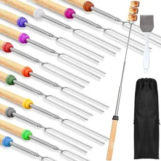 Unyqoos® Ausziehbare Grillspieße aus Edelstahl – 12 Stück, Teleskop 30–81 cm, Holzgriff, rutschfest, inkl. schwarzer Canvas-Tragetasche