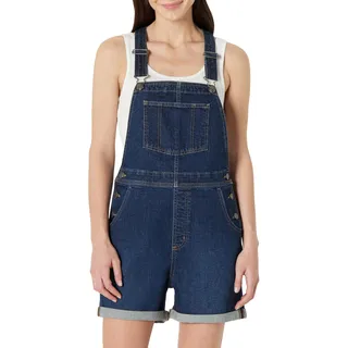 Amazon Essentials Damen Kurze Relaxed-Fit-Denim-Latzhose mit Mittlerem Stretchanteil, Dunkle Waschung, L