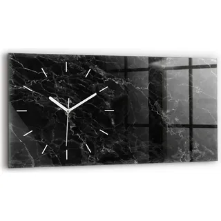 Wallfluent Wanduhr – Stilles Quarzuhrwerk - Uhr Dekoration Wohnzimmer Schlafzimmer Küche - Zifferblatt mit Strichen - weiße Zeiger - 60x30 cm - Dunkler Marmor - Schwarz
