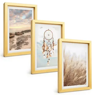 Tulup Bilder SET 3er Set - 20x30 cm Goldrahmen - Wolkenmeer, Traumfänger, Gras , Goldfarben , Kunststoff , Rechteckig , 20x30 cm , einfache und schnelle Anbringung , Bilder & Rahmen, Bilder
