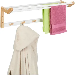 Relaxdays Handtuchhalter für die Wand, HBT: 22x60x20 cm, Duschtuchhalter mit Haken & Handtuchstangen, Bambus, Natur/weiß