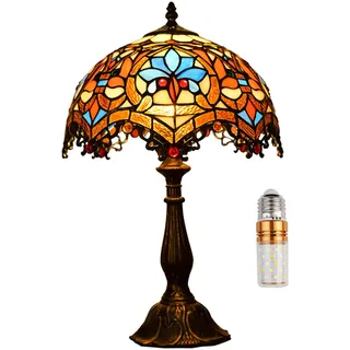 Kinbolas Tischlampe im Tiffany Stil,Vintage Nachttischlampe Schlafzimmer Deko Lampe,Jugendstil Tischleuchte,buntglas lampenschirm 30cm / 12 Zoll,Harz-Basis Mit kabel und E27 LED Birne