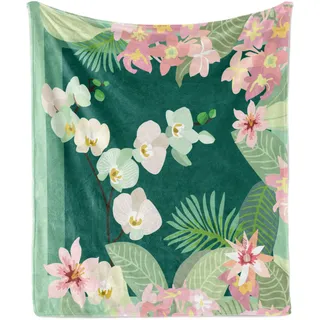 ABAKUHAUS Orchideen Weich Flanell Fleece Decke, Drucken von Tropical Sträuße Botanical Flourish Essenz des Dschungels, 175 x 230 cm, Mintgrün Grün - Grün