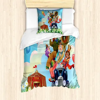ABAKUHAUS Zirkus Mantele, Weinlese-Auto-Zirkus, Milbensicher Allergiker geeignet mit Kissenbezügen, 135 cm x 200 cm - 80 x 80 cm, Mehrfarbig