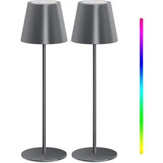 MALUX Tischlampe Kabellos Dimmbar LED Akku Tischleuchte - 8-15H Akkulaufzeit, USB-C Aufladung, IP44 Wasserdicht (Grau 2 Stück)