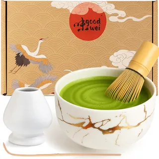 Goodwei Matcha Set komplett mit Matchabesen, Matcha Löffel und Matcha Schale aus Keramik passendem Besenhalter | Moderne Teeschale Chawan mit goldener Marmorierung (Weiß, 80er Besen)