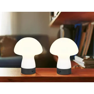 2er SET kleine kabellose Akku Tischlampen aus Glas Weiß, Pilzlampe Höhe 18cm