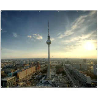 Wallario XXL Outdoor-Poster für Garten oder Balkon, Motiv Fernsehturm Berlin mit Panoramablick über die Stadt, in ca. 250 x 200 cm - Blau