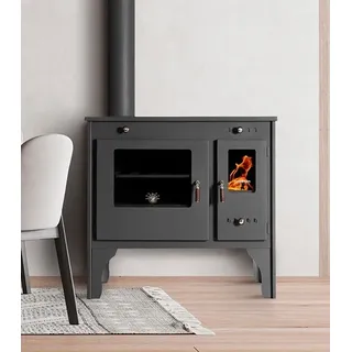 EEK A+ Küchenofen Holzherd Retro ECO schwarz, linke Version - 7 kW Dauerbrandherd - Schwarz