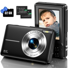 Digitalkamera mit 32G Micro SD-Karte, 1080P Kinderkamera 44MP HD Fotokamera Kompaktkamera mit 2,4" LCD Bildschirm 16X Digitalzoom und 1 Batterie für Kinder, Studenten, Anfänger-Schwarz