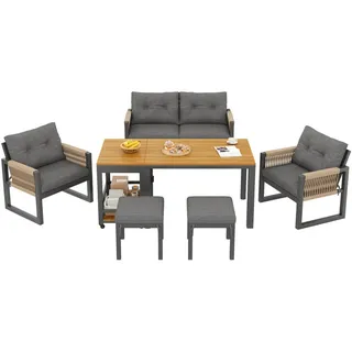 Okwish Gartenmöbel-Set 150/79,5/75 cm grau/natur aus Eisen mit abnehmbarem Tisch und Kissen , Grau , Metall , Gartenmöbel, Gartengarnituren, Gartenmöbel-Sets