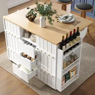 MODFU Servierwagen mit Rollen,kücheninsel Weiß mit klappbare Arbeitsfläche,Küchenschrank mit Drei Schubladen und Schiebetüren,110 × 70 × 90 cm - Weiß