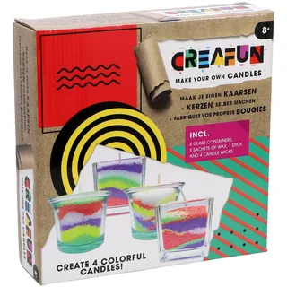 creaFUN 253-6002 Bastelset Kerzen selber Machen, DIY-Set mit 4 Glasbehältern, 5 Wachspäckchen, einem Stab und 4 Kerzendochten, Kreativset, Kerzenherstellung, geeignet für Kinder ab 8 Jahren