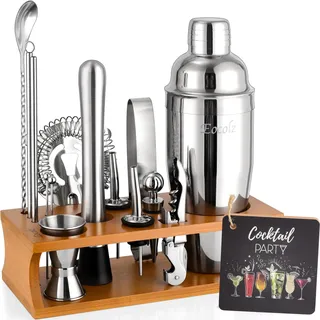 Cocktail Shaker Set mit Bambus Ständer & Rezeptbuch, Edelstahl 750ml Bar Cocktailset Cocktailshaker mit Bar Zubehör Werkzeug,17 Stück Cocktail Mix Set für Barkeeper Geschenk Frauen (Braunes Silber)