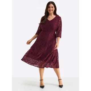Spitzenkleid SHEEGO "Webkleid", Damen, Gr. 50, Normalgrößen, burgund, 92% Polyamid, 8% Elasthan, unifarben, wadenlang, V-Ausschnitt, Kleider Spitzenkleid