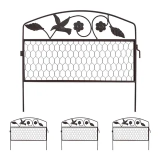Relaxdays Beetzaun, 4 Zaunelemente je HxB: 41 x 48,5 cm, Steckzaun mit Verzierung, Beeteinfassung, Metall, Dunkelbraun