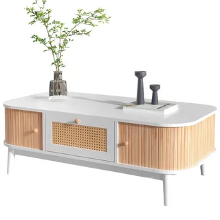 Okwish Couchtisch 110/55/38,5 cm Weiß mit Rattan und Massivholzplatten , Holzwerkstoff , 55x38.5x110 cm , Wohnzimmer, Wohnzimmertische, Couchtische