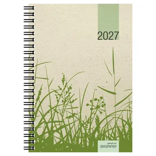 Wochenbuch 1W/2S Graspapier 2027: Taschenplaner 14x20 cm mit 1 Woche auf 2 Seiten, Spiralbindung & 4-sprachigem Kalendarium, umweltfreundlicher Buchkalender für Büro & Homeoffice