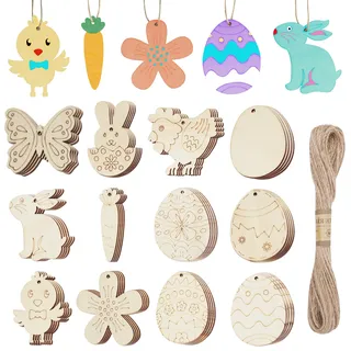 CUWELT 72 Stück Holzanhänger Ostern zum Bemalen, Holz Osteranhänger Basteln, Unvollendete Holz Ostereier Hasen Huhn Blumen zum Aufhängen, Osterdeko für Ostern Party Deko Handwerk