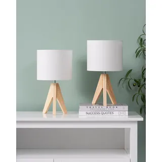 EDISHINE 2er Set Tischlampe Holz, LED Nachttischlampe mit weißem Leinen-Lampenschirm, E27 Fassung, inkl. Leuchtmittel, Vintage Tischleuchte für Schlafzimmer, Wohnzimmer, Geschenk