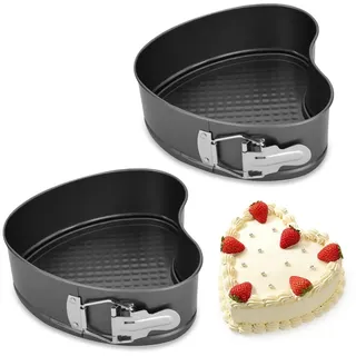 LUPATDY 2 Stück Backform Herz 18CM, Kuchenform Springform mit Antihaftbeschichtung, Herzbackform Kuchenform mit Flachboden, Kleine Tarteform Kuchenbackformen mit Flachboden für Kuchen Backen, Schwarz
