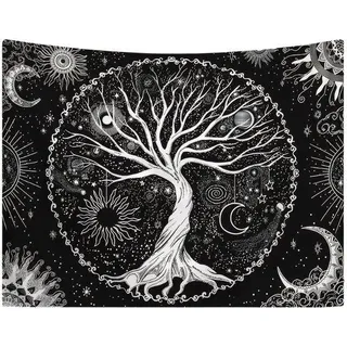 Unyqoos® Wandteppich ‚Lebensbaum‘ 150 x 130 cm, schwarz-weiß mit Sonne & Mond – Dekoration für Schlafzimmer & Wohnzimmer, vielseitig einsetzbar - Schwarz