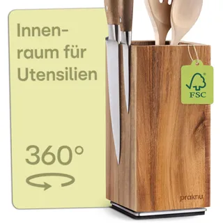 Praknu Messerblock Magnetisch 360° drehbar ohne Messer – FSC® Akazienholz mit Platz für Küchenutensilien – Beidseitiger starker Magnet – Rutschfest