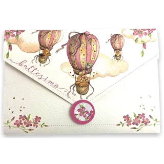 LINA OFFICINE GRAFICHE CREATIVE Grußkarte Taufe Mädchen, Geschenk für Taufe und Mädchen, inklusive Geldbeutel, Umschlag, 11 x 16 cm (Heißluftballon - Rosa) 96-403