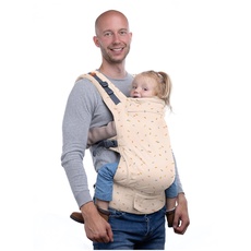 Beco Toddler Babytrage mit extra breitem Sitz - Kindertragerucksack aus 100% Baumwolle, 2 Tragepositionen, Kindertrage Bauch/Kindertrage Rücken, Kindertrage Wandern, 9-27 kg (Sprinkles)