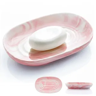 Seifenschale Keramik, Anti-Rutsch Seifenschale Marmor, Seifenablage Waschbecken, Seifenhalter, Seifenteller für Badezimmer, Dusche und Küche (Rosa)