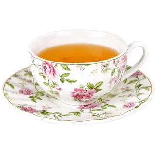 200ml Vintage Rose Porzellan Kaffeetassen mit Gold Rand, Rosa Blumen Tee Tassen und Untertassen, Floral Kaffeetasse und Untertasse, Kaffee-Set mit floralem Blumen-Dekor, für Mama Freund Tee Party