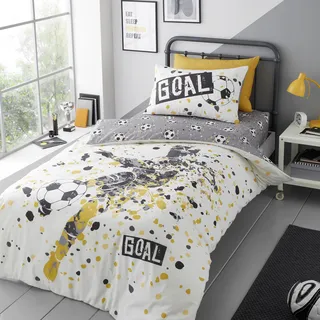 Bedding Bedlam – Goldgelbes Fußball-Bettwäsche-Set – Doppelgröße (200 x 200 cm) – wendbar (2 Designs) – Fußball-Motiv – 1 Fadenzahl – 100% Polyester (60% recycelt) – 2 Kissenbezüge