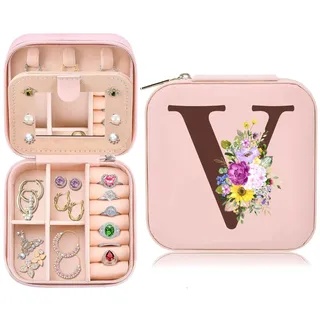 Kleine Schmuckkästchen für Damen, Tragbarer Reise Schmuckbox, PU Leder Mini Schmuckaufbewahrung für Ohrringe, Ringe, Halsketten, Hochzeit Geburtstag Geschenk für Frauen Mädchen Freundin, Rosa(V)